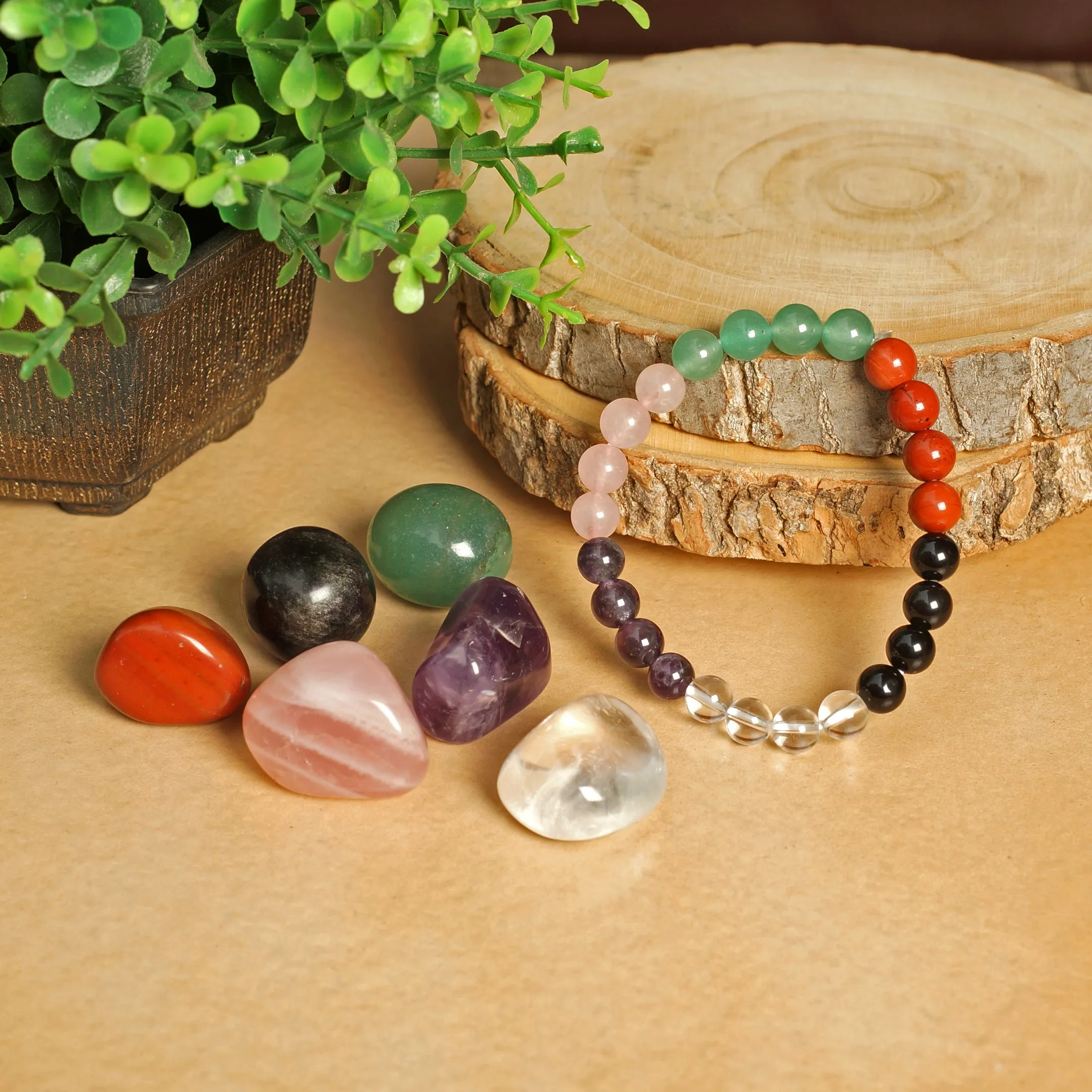Healing Crystal starter set of 7 - Combo for new believer includes bracelet with Clear Quartz, Amethyst, Rose Quartz, Green Aventurine, Red Jasper, Black Obsidian, Palm Stones for complete protection