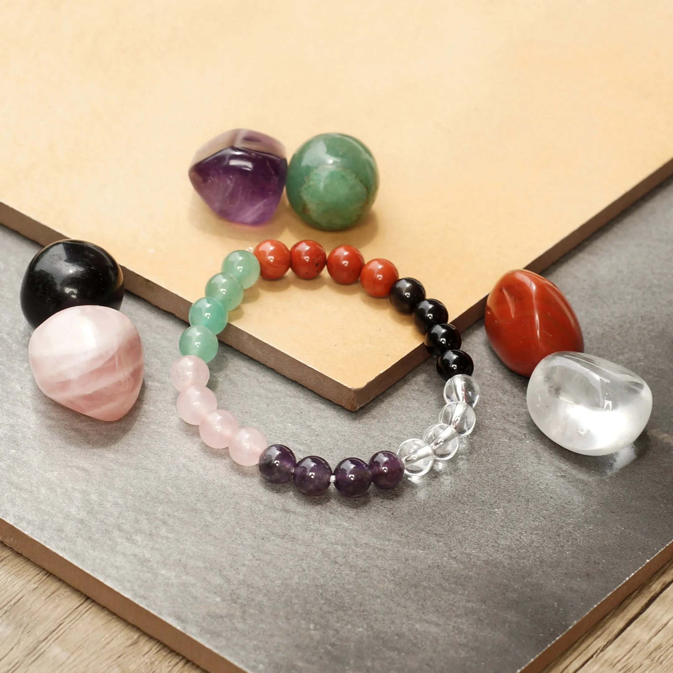 Healing Crystal starter set of 7 - Combo for new believer includes bracelet with Clear Quartz, Amethyst, Rose Quartz, Green Aventurine, Red Jasper, Black Obsidian, Palm Stones for complete protection