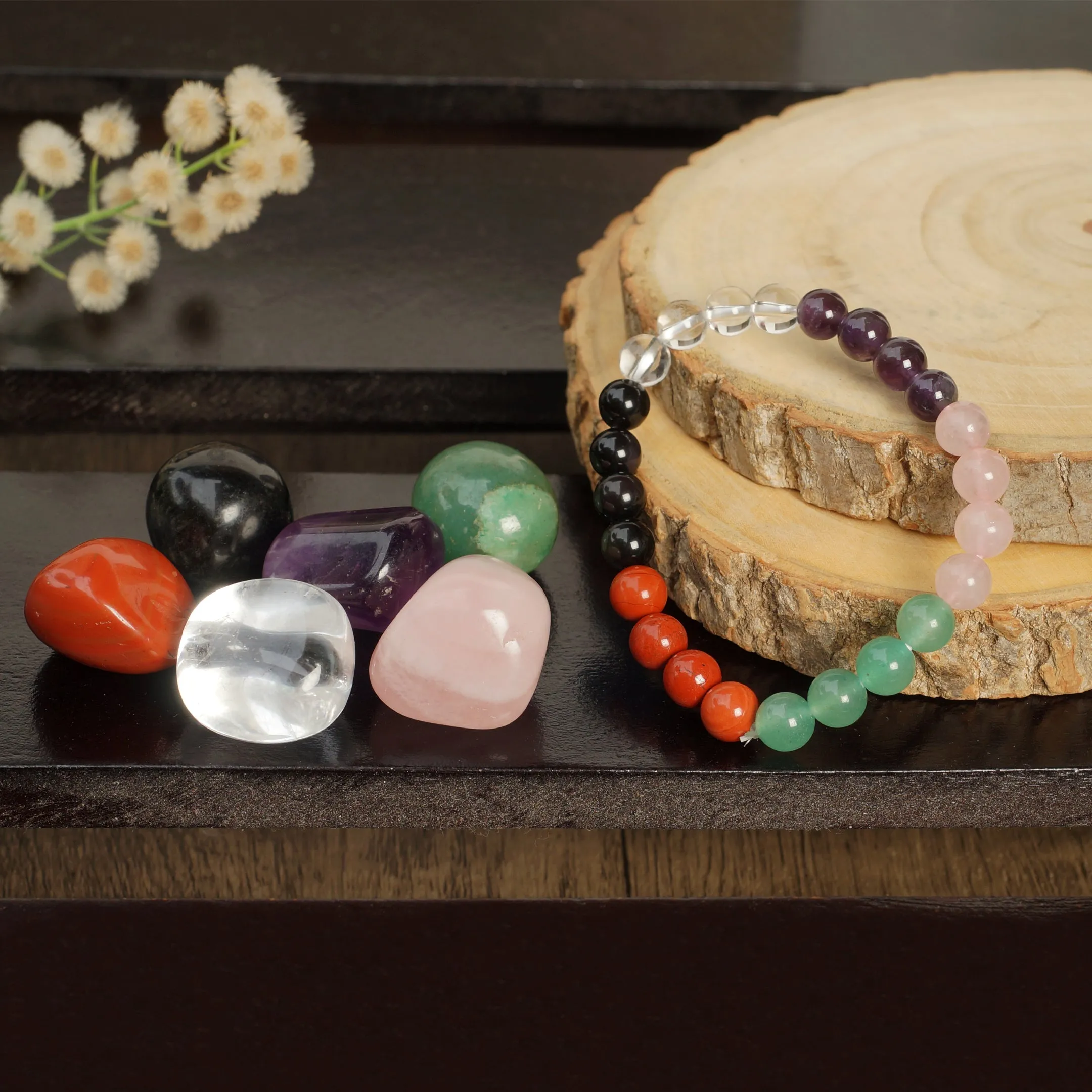 Healing Crystal starter set of 7 - Combo for new believer includes bracelet with Clear Quartz, Amethyst, Rose Quartz, Green Aventurine, Red Jasper, Black Obsidian, Palm Stones for complete protection