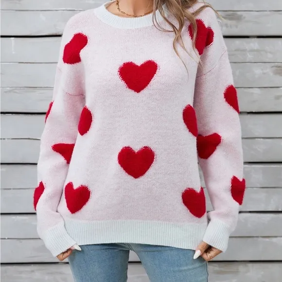 Heart Round Neck Long Sleeve Sweater