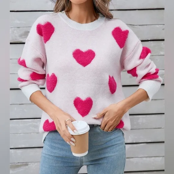 Heart Round Neck Long Sleeve Sweater
