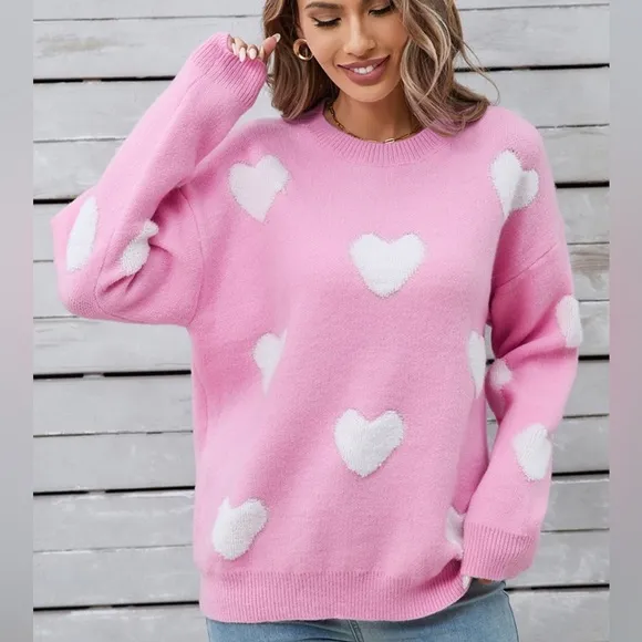 Heart Round Neck Long Sleeve Sweater
