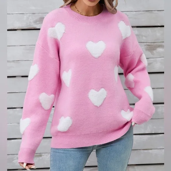 Heart Round Neck Long Sleeve Sweater