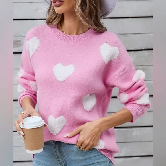Heart Round Neck Long Sleeve Sweater