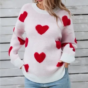 Heart Round Neck Long Sleeve Sweater