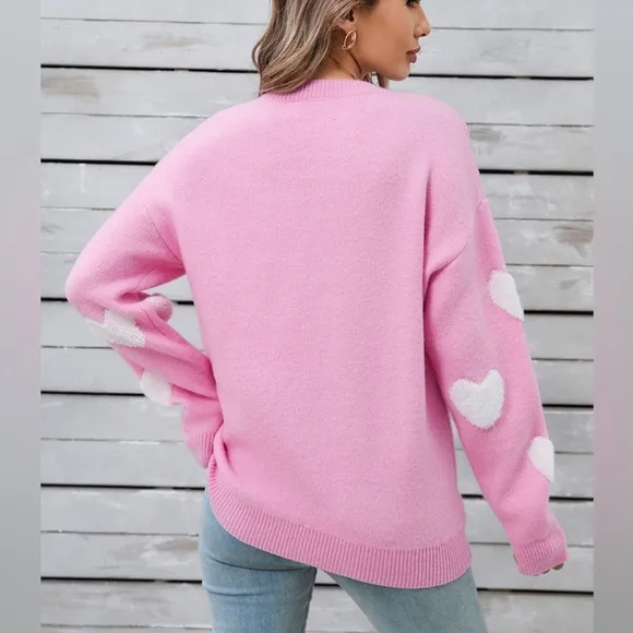 Heart Round Neck Long Sleeve Sweater