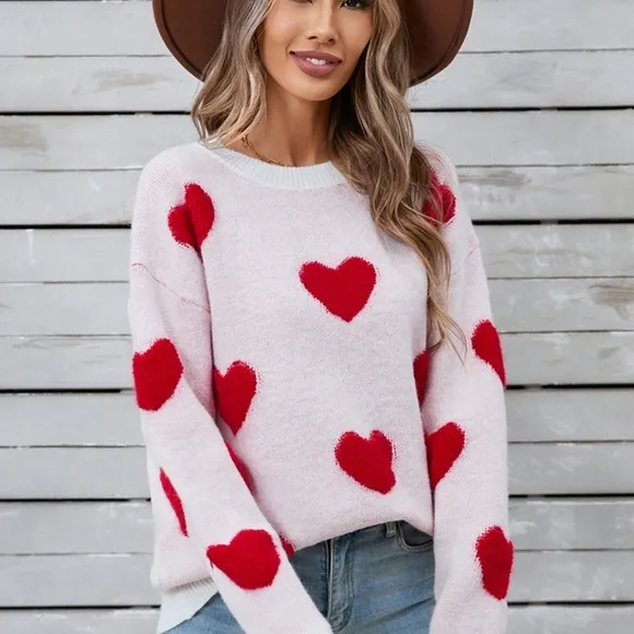 Heart Round Neck Long Sleeve Sweater