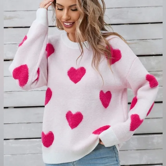 Heart Round Neck Long Sleeve Sweater