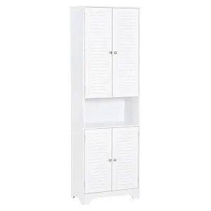 Homcom Tall Freestanding Bathroom Cabinet Retro Shutters W/ 3 Compartments Shelves Elevated Base Narrow Organiser White 60L X 30W X 182.5H cm