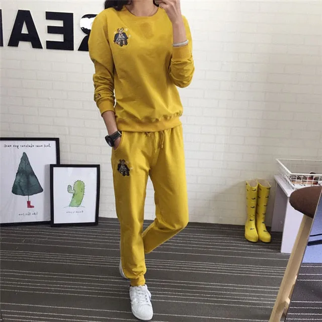 Hot Autumn Winter Tracksuit Long Sleeve Embroidery Cotton Sweatshirts  Women 2 Piece Set Tops Pants Sporting Suit Female