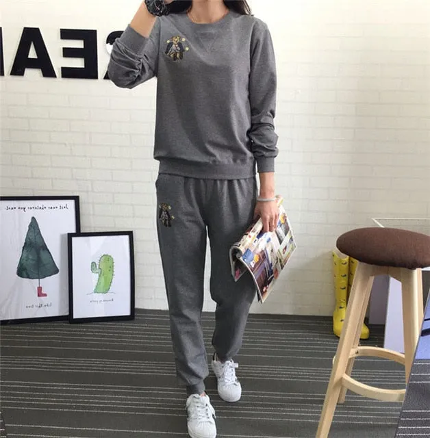 Hot Autumn Winter Tracksuit Long Sleeve Embroidery Cotton Sweatshirts  Women 2 Piece Set Tops Pants Sporting Suit Female