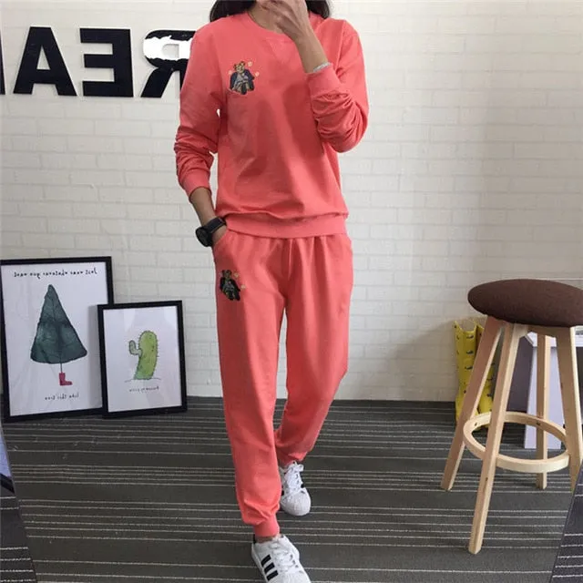 Hot Autumn Winter Tracksuit Long Sleeve Embroidery Cotton Sweatshirts  Women 2 Piece Set Tops Pants Sporting Suit Female