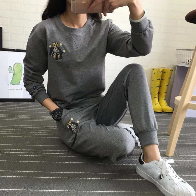 Hot Autumn Winter Tracksuit Long Sleeve Embroidery Cotton Sweatshirts  Women 2 Piece Set Tops Pants Sporting Suit Female