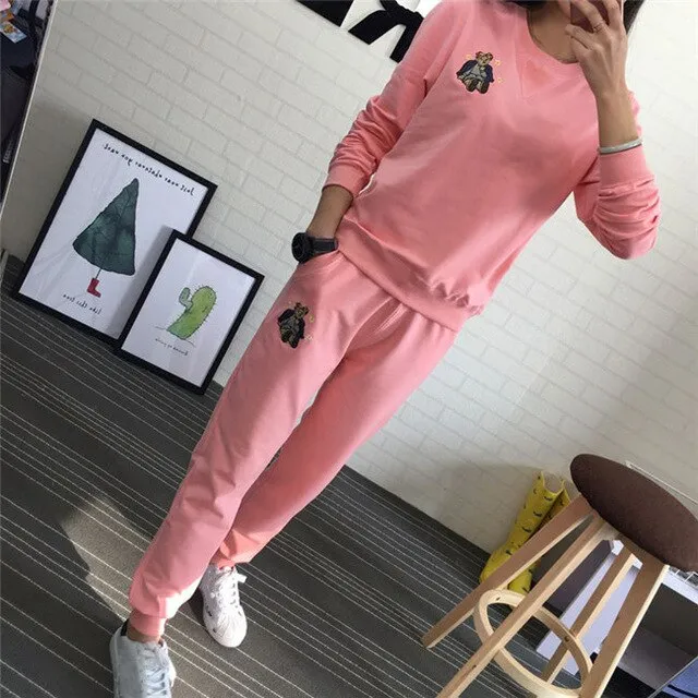 Hot Autumn Winter Tracksuit Long Sleeve Embroidery Cotton Sweatshirts  Women 2 Piece Set Tops Pants Sporting Suit Female