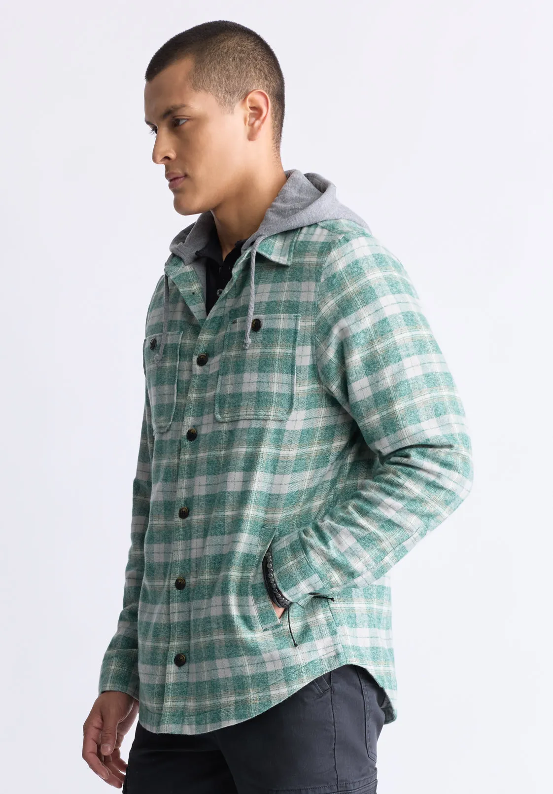Jakeim Men's Plaid Hooded Shacket, Grey & Green - BM24443