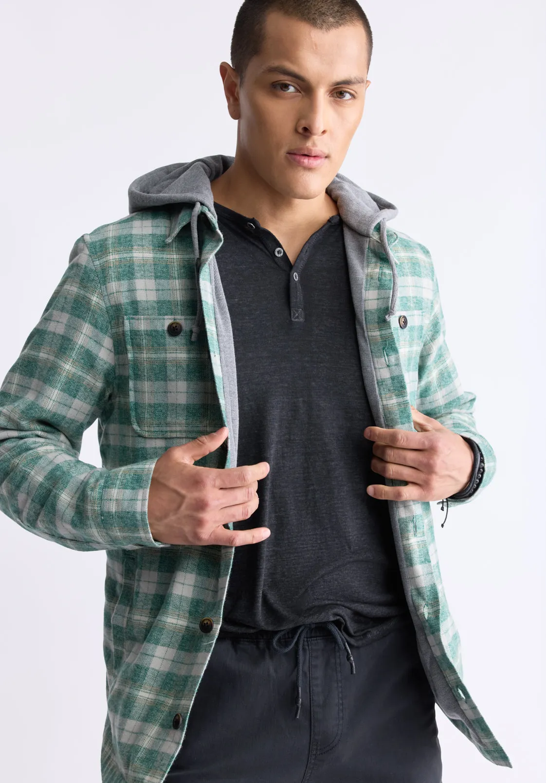 Jakeim Men's Plaid Hooded Shacket, Grey & Green - BM24443