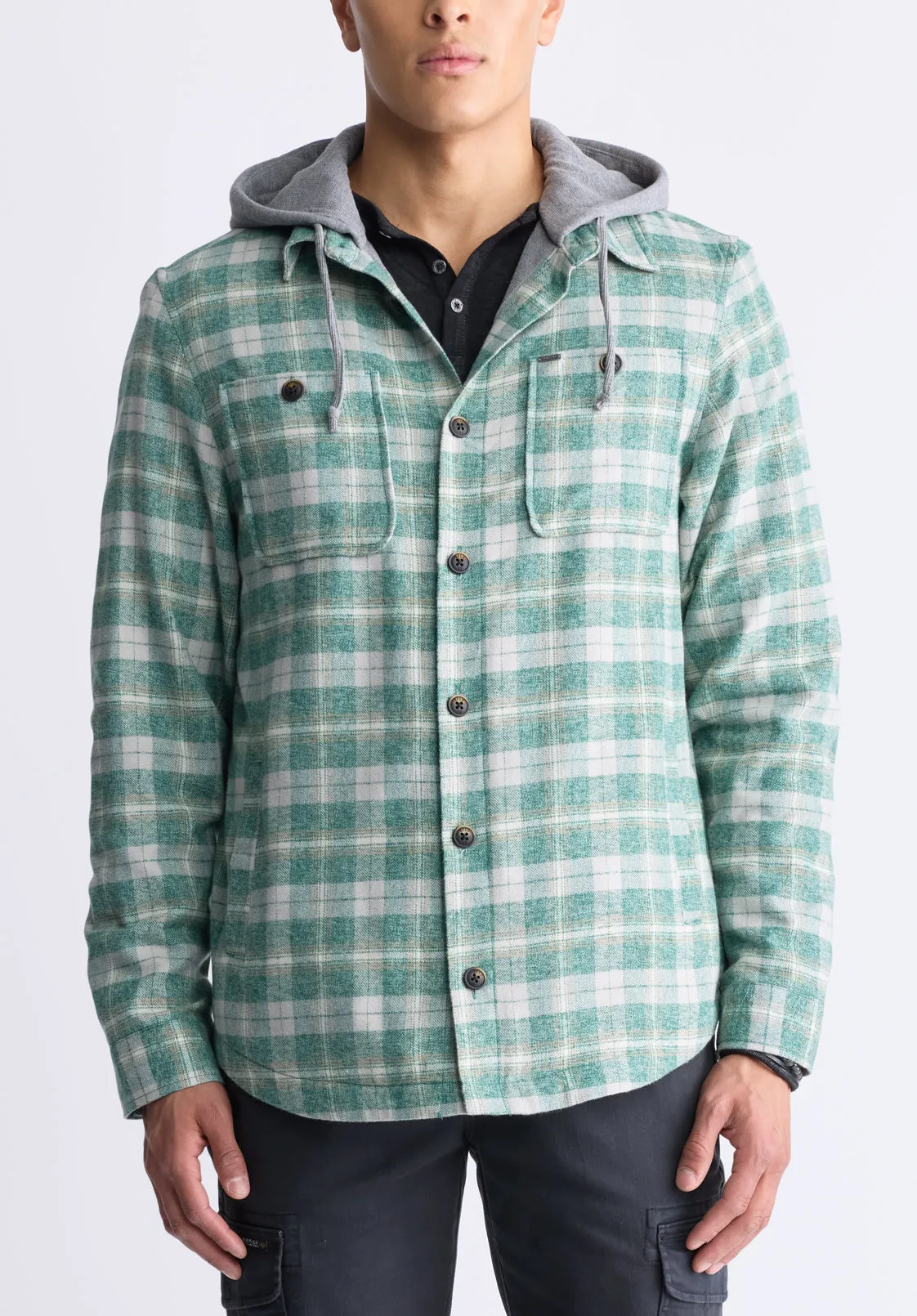Jakeim Men's Plaid Hooded Shacket, Grey & Green - BM24443