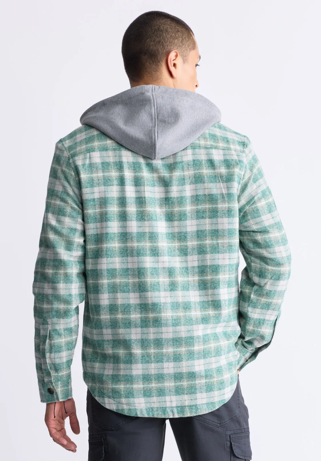 Jakeim Men's Plaid Hooded Shacket, Grey & Green - BM24443
