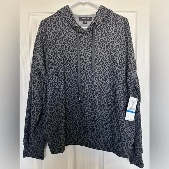 Karen Kane Leopard Print Long Sleeve Hoodie Black Gray Sz XL $148 NEW With Tags