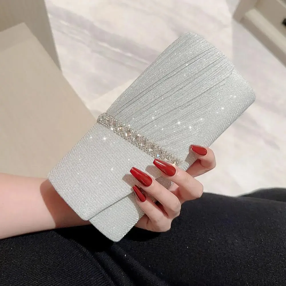 Ladies Glitter Silver Clutch Bag Envelope Evening Bag Fashion Elegant Long Purse Women Chain Shoulder Bags Wedding Party Handbag