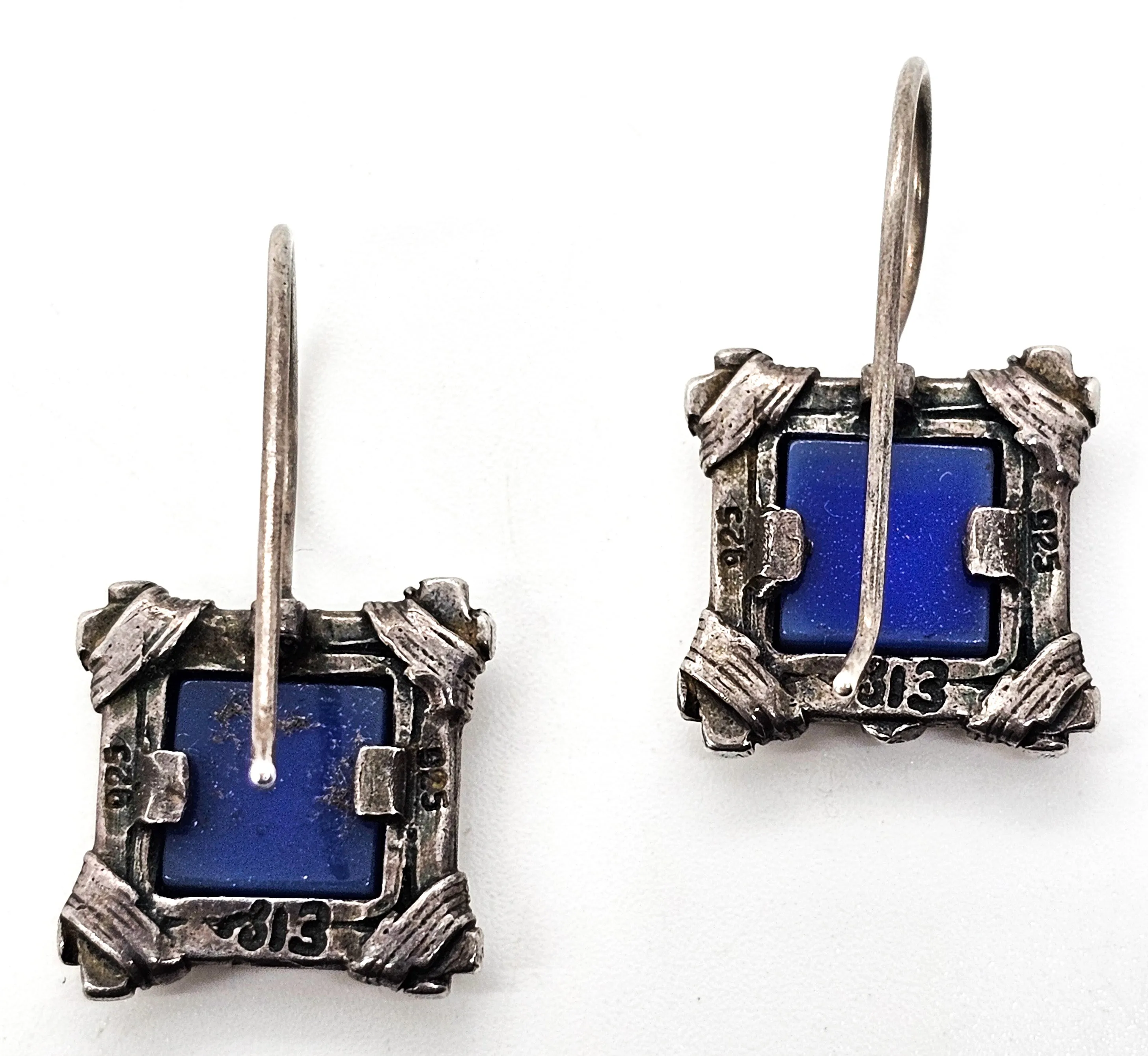 Lapis Lazuli blue gemstone square framed signed vintage sterling silver earrings