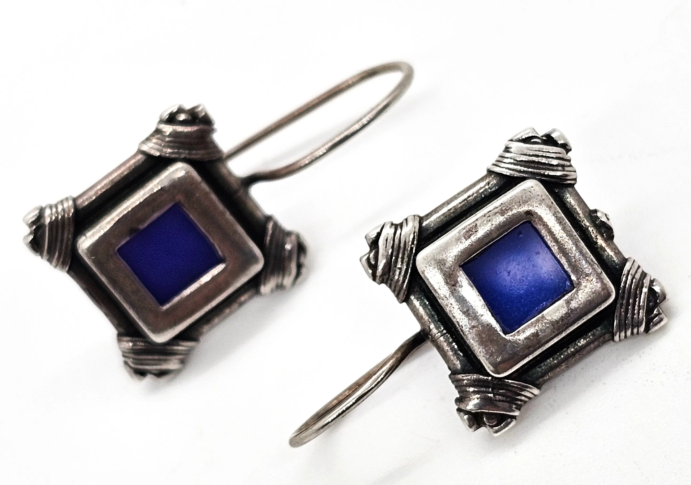 Lapis Lazuli blue gemstone square framed signed vintage sterling silver earrings
