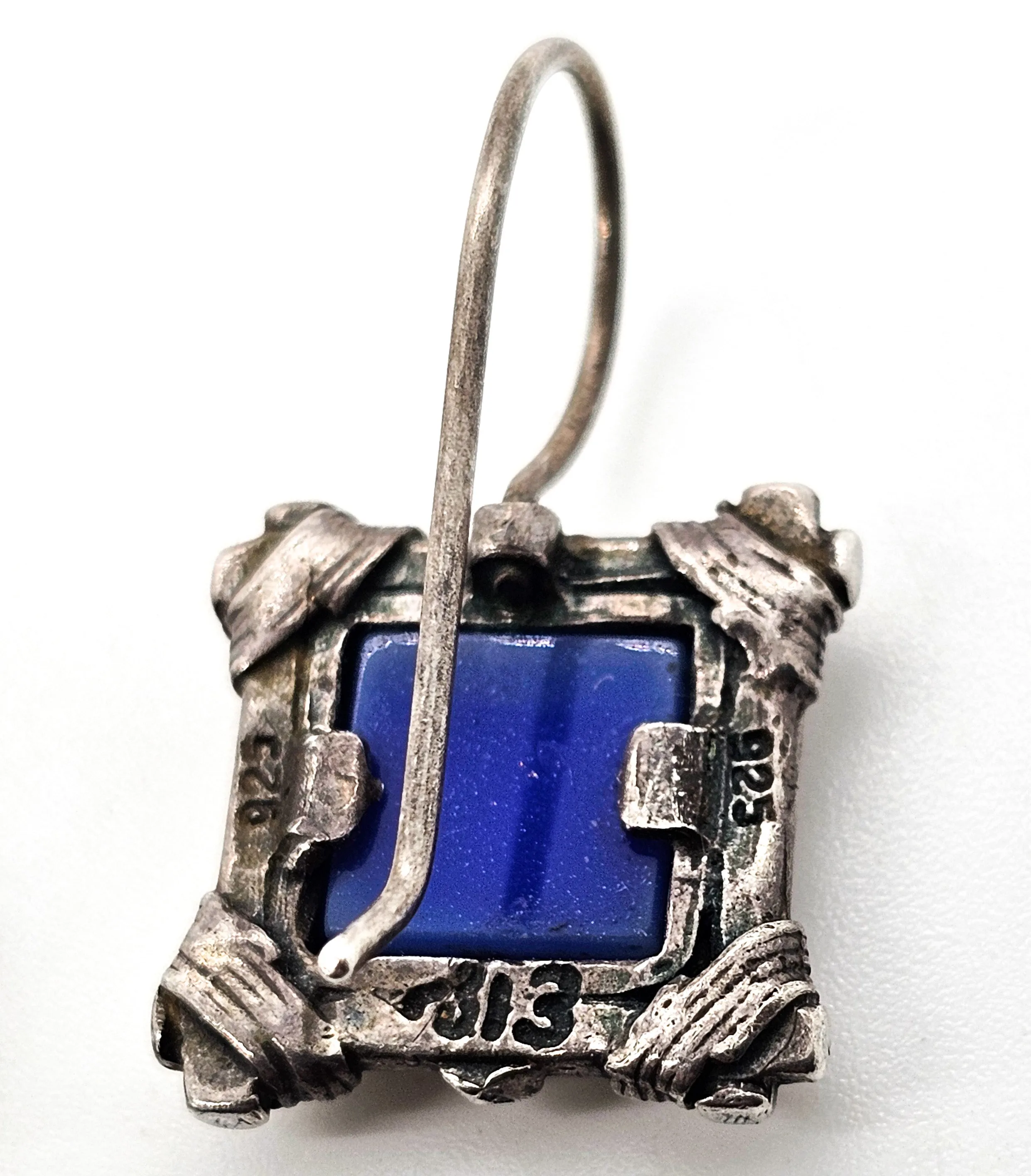 Lapis Lazuli blue gemstone square framed signed vintage sterling silver earrings