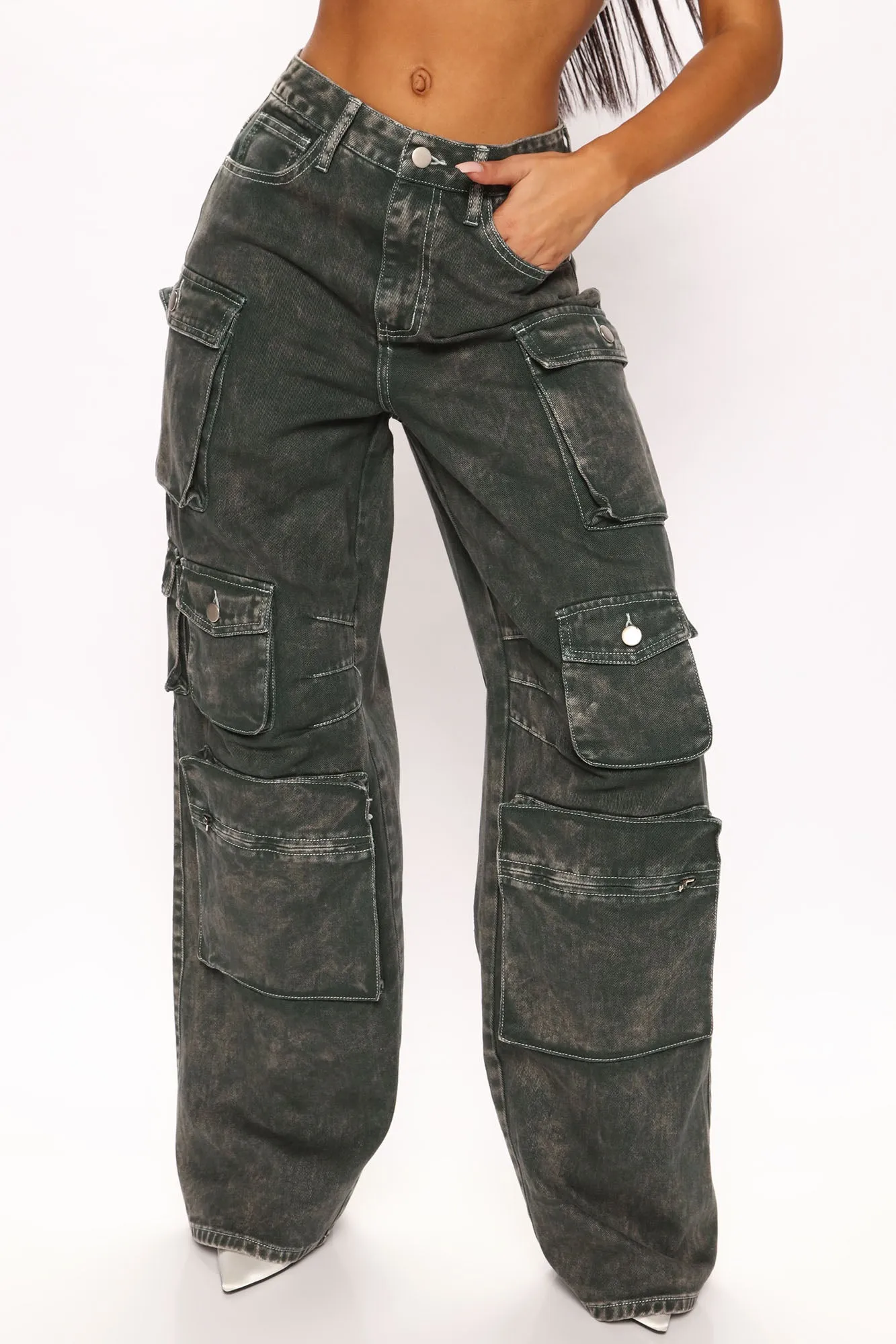 Lily High Rise Cargo Jeans - Green