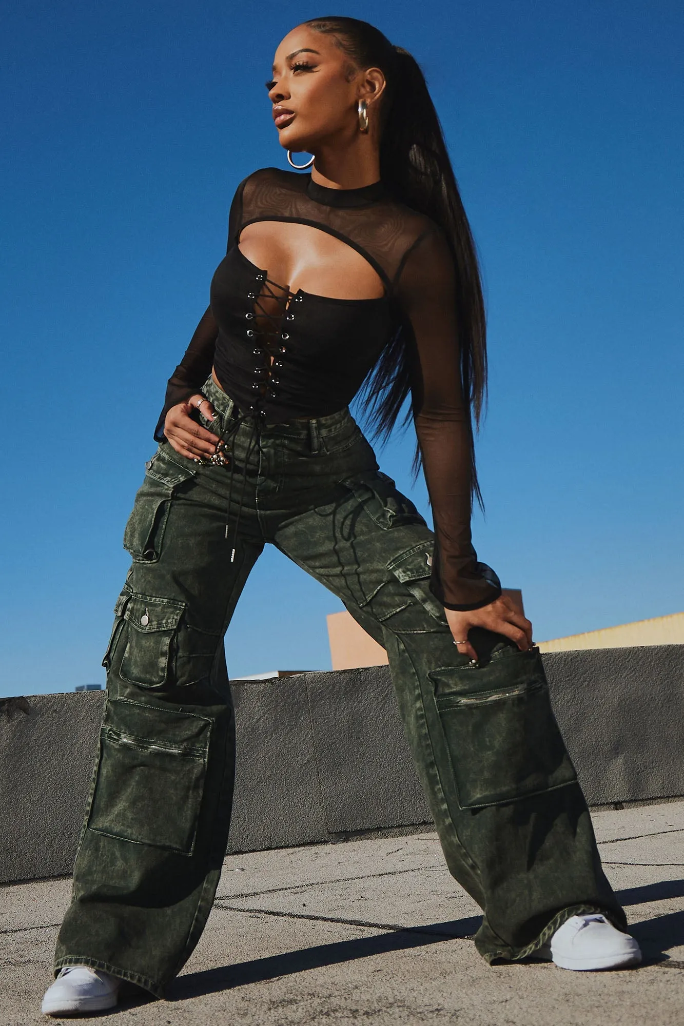 Lily High Rise Cargo Jeans - Green