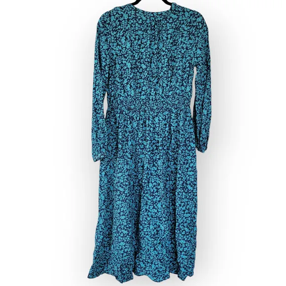 LOFT Floral Blue Midi Shirtdress Long Sleeve Button Front Dress Women Sz 8