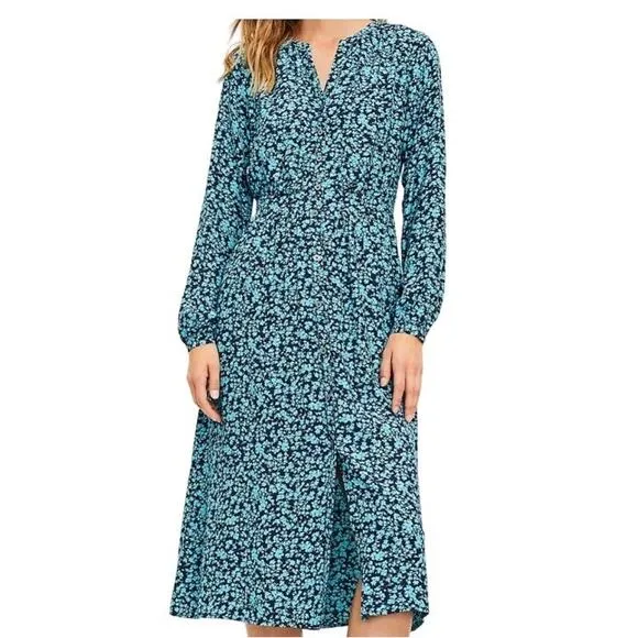 LOFT Floral Blue Midi Shirtdress Long Sleeve Button Front Dress Women Sz 8