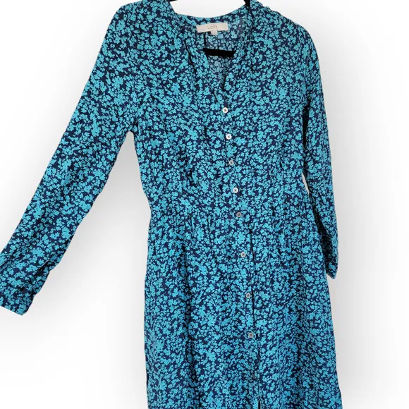 LOFT Floral Blue Midi Shirtdress Long Sleeve Button Front Dress Women Sz 8