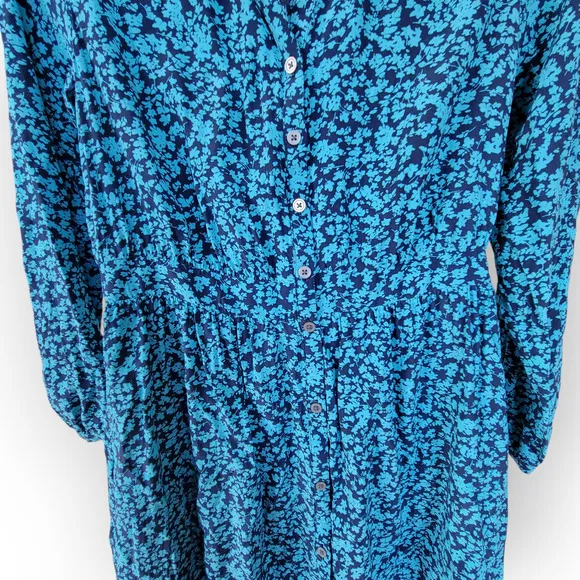 LOFT Floral Blue Midi Shirtdress Long Sleeve Button Front Dress Women Sz 8