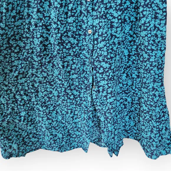 LOFT Floral Blue Midi Shirtdress Long Sleeve Button Front Dress Women Sz 8