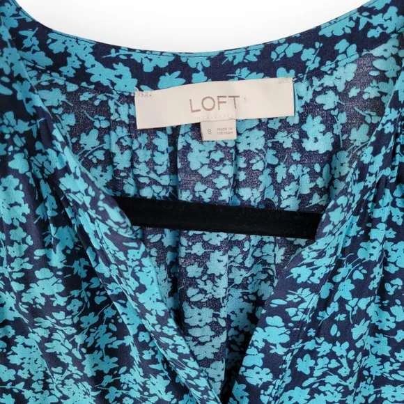 LOFT Floral Blue Midi Shirtdress Long Sleeve Button Front Dress Women Sz 8