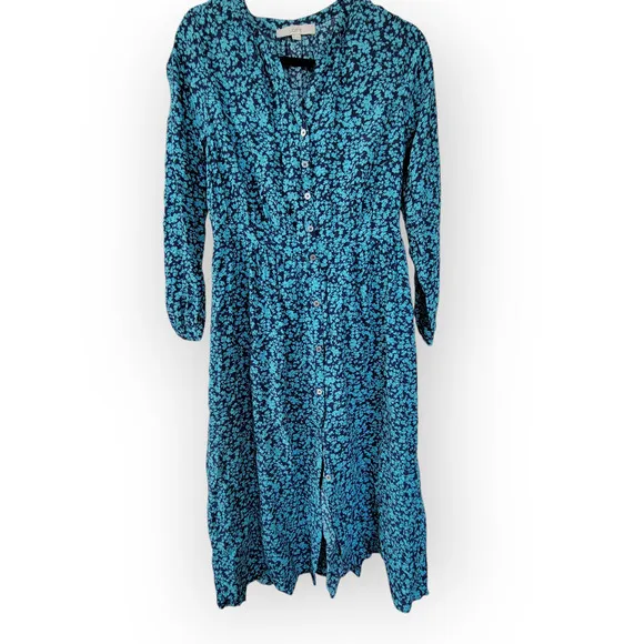 LOFT Floral Blue Midi Shirtdress Long Sleeve Button Front Dress Women Sz 8