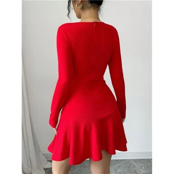Long Sleeve Mini Textured Deep Red Elegant Figure-Flattering Dress