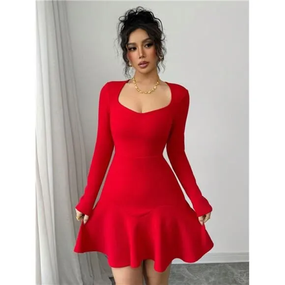 Long Sleeve Mini Textured Deep Red Elegant Figure-Flattering Dress