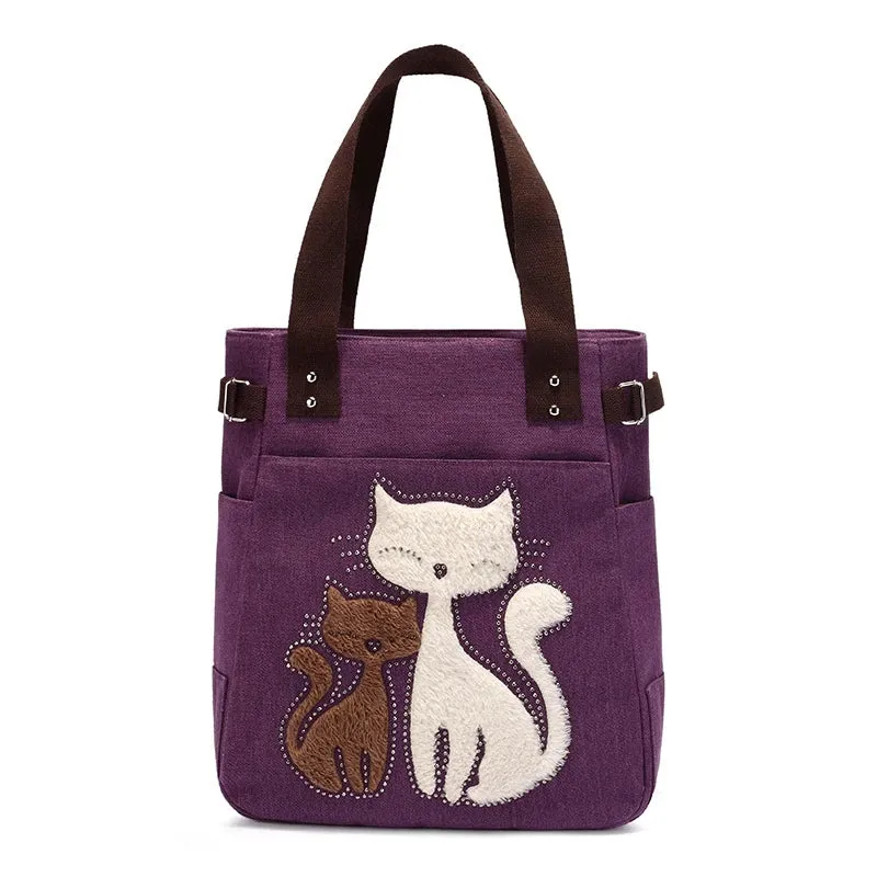 Lovely Cute Cat Canvas Handbag for Girls Ladies Large Capacity Casual Bag Women Portable Solid Zipper Shoulder Bag Bolsos Mujer