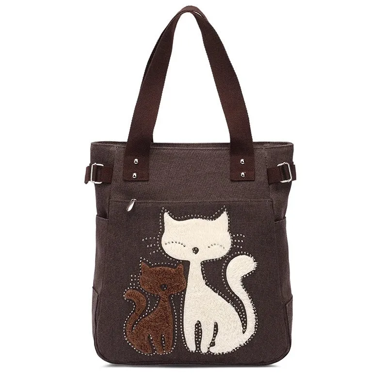 Lovely Cute Cat Canvas Handbag for Girls Ladies Large Capacity Casual Bag Women Portable Solid Zipper Shoulder Bag Bolsos Mujer
