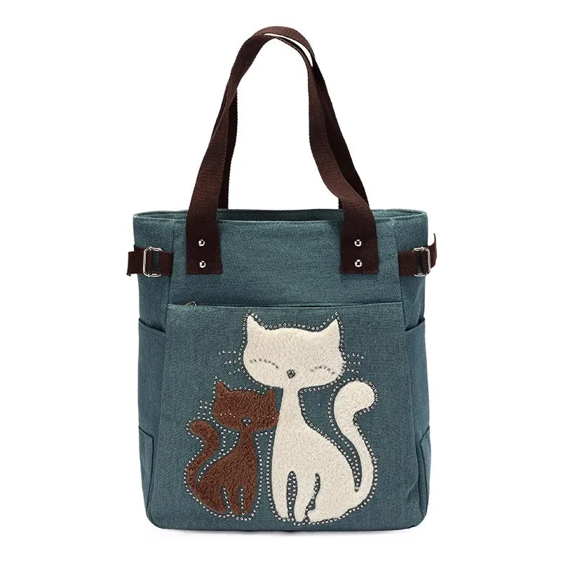 Lovely Cute Cat Canvas Handbag for Girls Ladies Large Capacity Casual Bag Women Portable Solid Zipper Shoulder Bag Bolsos Mujer