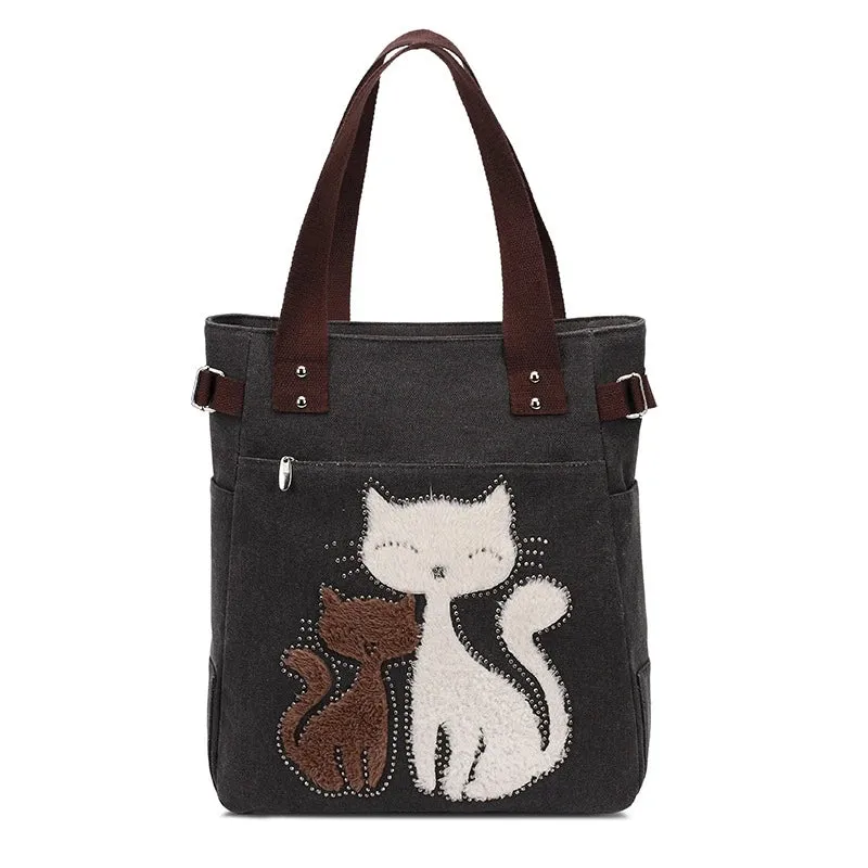 Lovely Cute Cat Canvas Handbag for Girls Ladies Large Capacity Casual Bag Women Portable Solid Zipper Shoulder Bag Bolsos Mujer