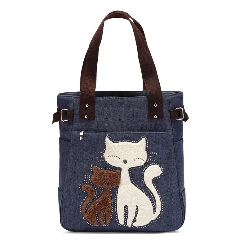 Lovely Cute Cat Canvas Handbag for Girls Ladies Large Capacity Casual Bag Women Portable Solid Zipper Shoulder Bag Bolsos Mujer