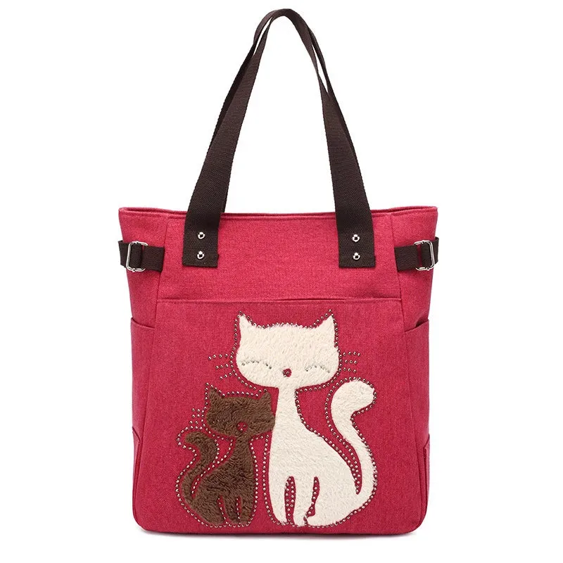 Lovely Cute Cat Canvas Handbag for Girls Ladies Large Capacity Casual Bag Women Portable Solid Zipper Shoulder Bag Bolsos Mujer