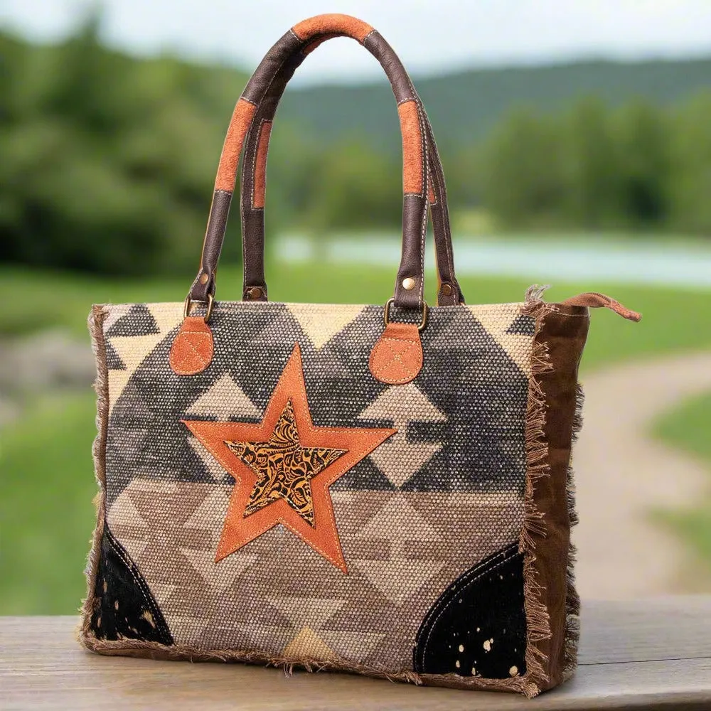 LS Western Ladies Genuine Cowhide Leather Upcycled Canvas Weekender Bag | Stylish and Durable