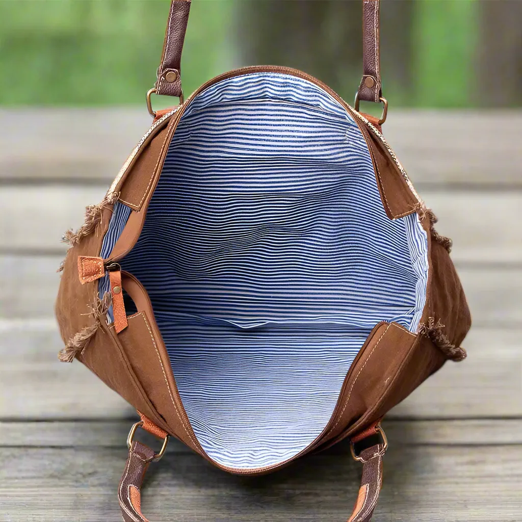 LS Western Ladies Genuine Cowhide Leather Upcycled Canvas Weekender Bag | Stylish and Durable