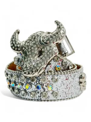 Luxury Crystal-Encrusted Bull Head Belt – Silver Edition