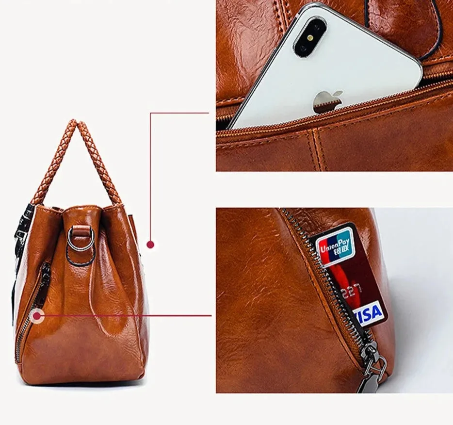 Luxury Oil Wax Genuine Leather Handbag Lady's Shoulder Crossbody Purse Design