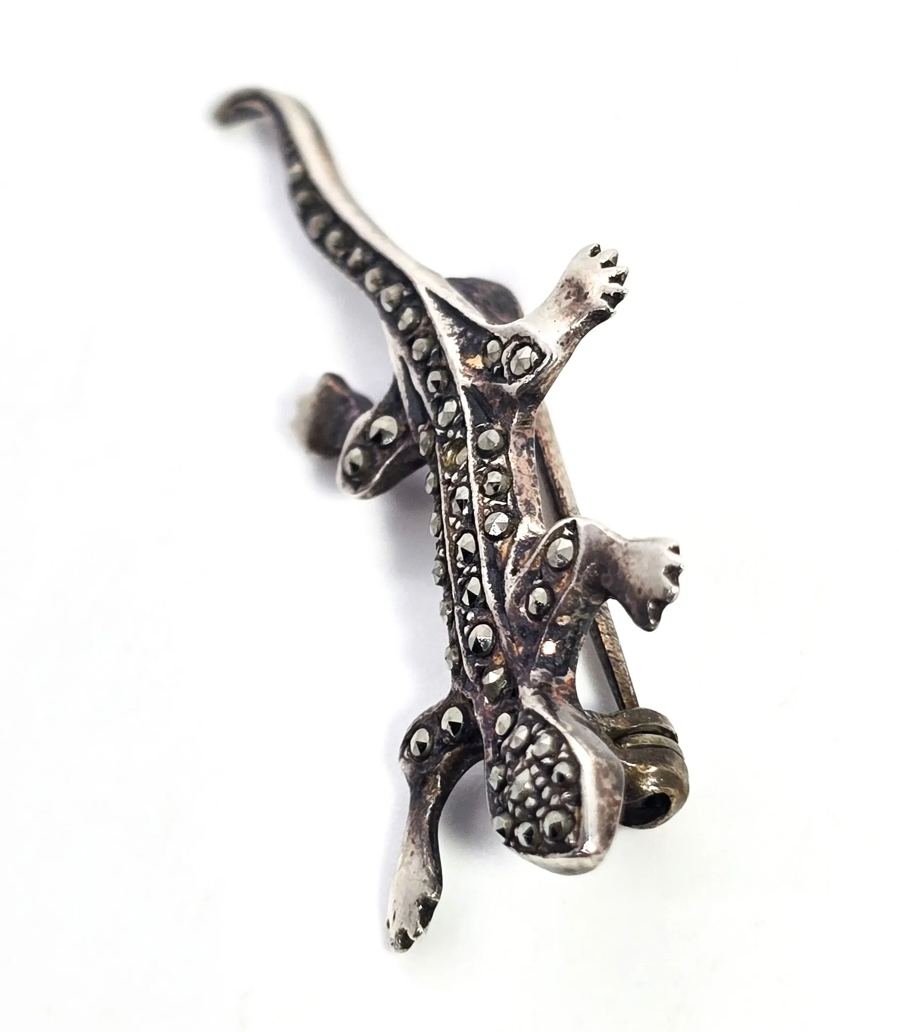 Marasite lizard reptile vintage sterling silver red eyed brooch