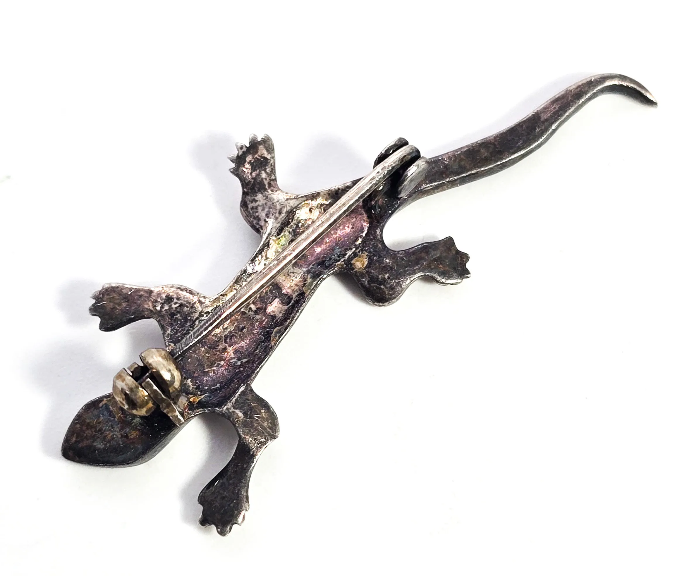 Marasite lizard reptile vintage sterling silver red eyed brooch